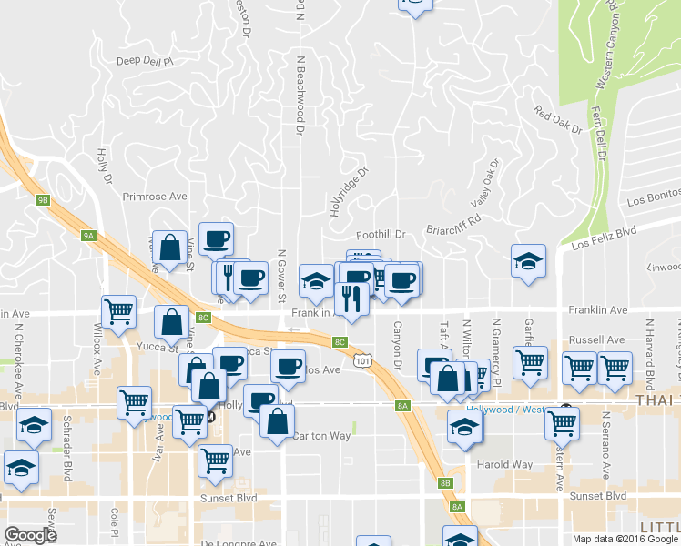 map of restaurants, bars, coffee shops, grocery stores, and more near in Los Angeles