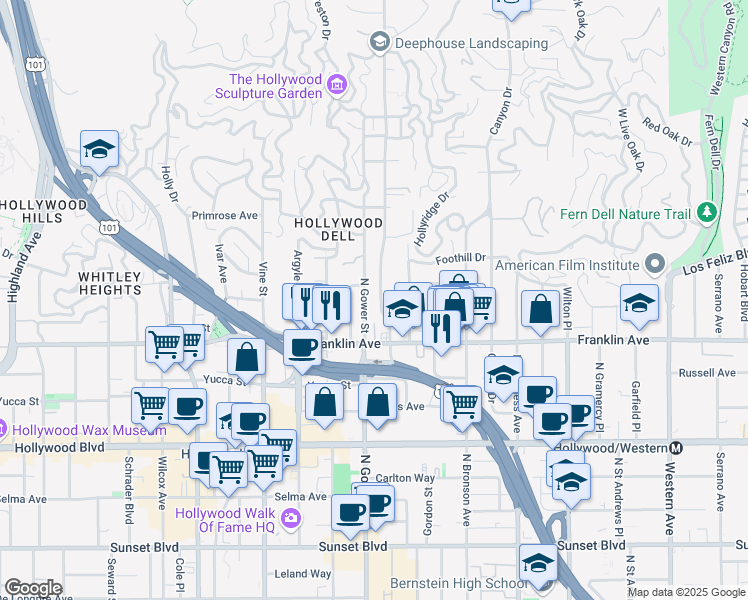 map of restaurants, bars, coffee shops, grocery stores, and more near 1962 North Beachwood Drive in Los Angeles