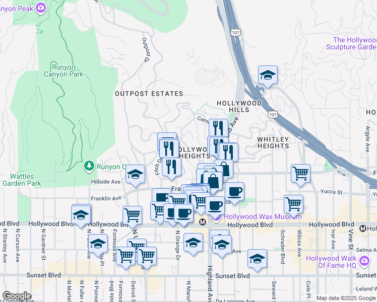 map of restaurants, bars, coffee shops, grocery stores, and more near 6927 Paseo Del Serra in Los Angeles