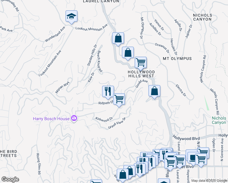 map of restaurants, bars, coffee shops, grocery stores, and more near 1930 Weepah Way in Los Angeles