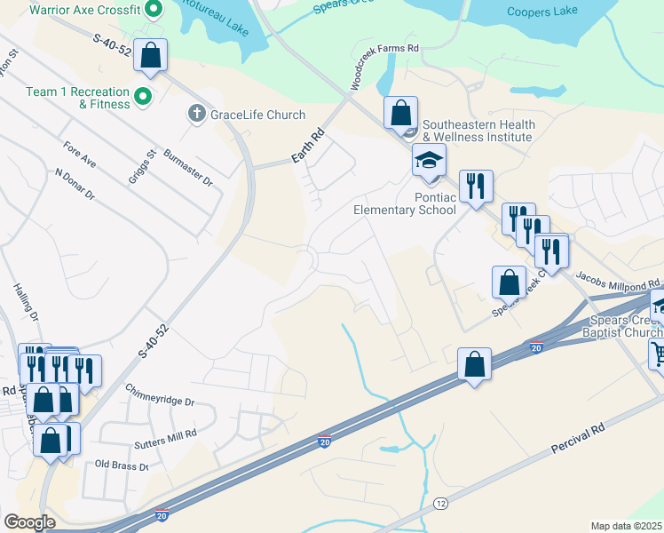 map of restaurants, bars, coffee shops, grocery stores, and more near 202 Clairmeade Way in Columbia