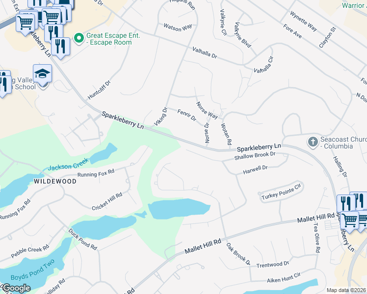 map of restaurants, bars, coffee shops, grocery stores, and more near 429 Shallow Brook Drive in Columbia