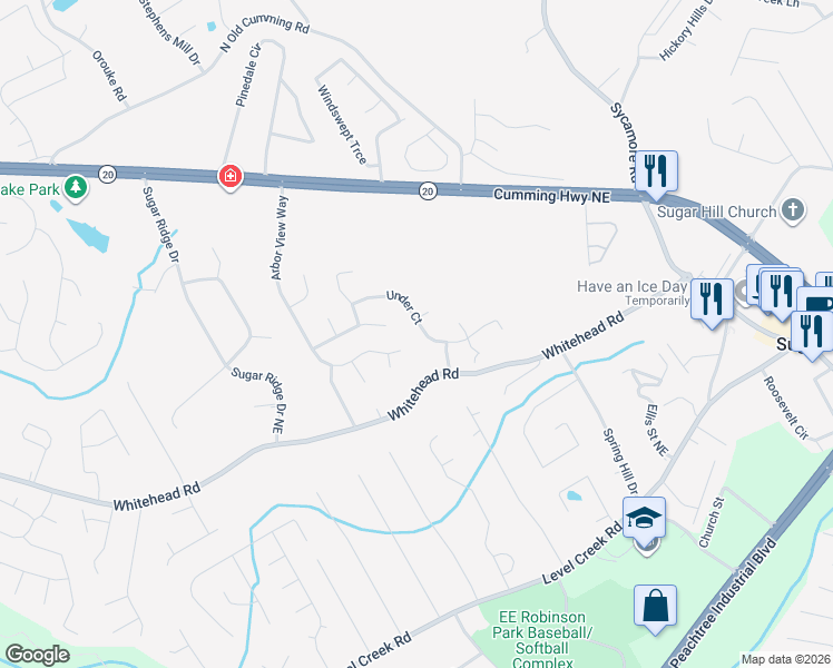 map of restaurants, bars, coffee shops, grocery stores, and more near 1005 Under Court in Buford