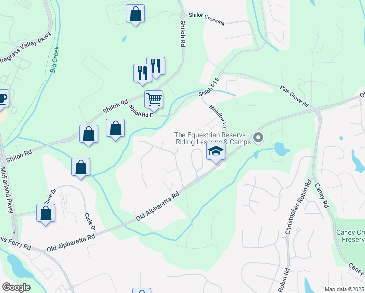 map of restaurants, bars, coffee shops, grocery stores, and more near 1130 Timbercreek Court in Alpharetta