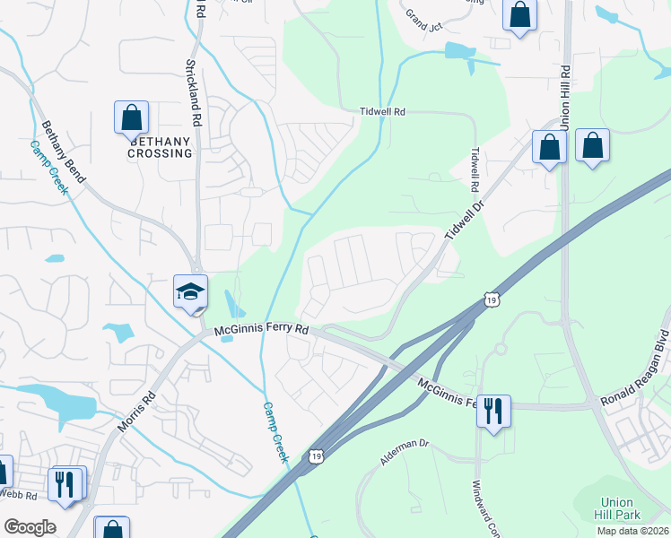 map of restaurants, bars, coffee shops, grocery stores, and more near 1061 Prestwyck Court in Alpharetta
