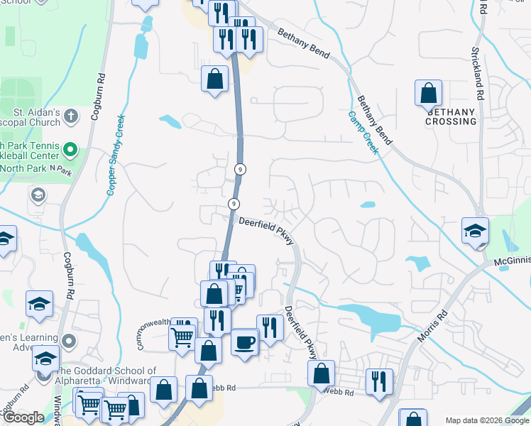map of restaurants, bars, coffee shops, grocery stores, and more near 409 Harmony Court in Alpharetta
