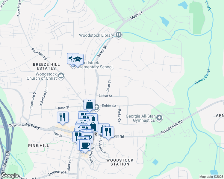 map of restaurants, bars, coffee shops, grocery stores, and more near 104 Dean Street in Woodstock