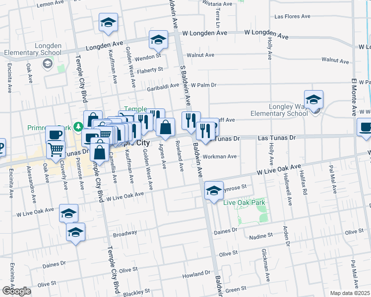 map of restaurants, bars, coffee shops, grocery stores, and more near 5828 Rowland Avenue in Temple City