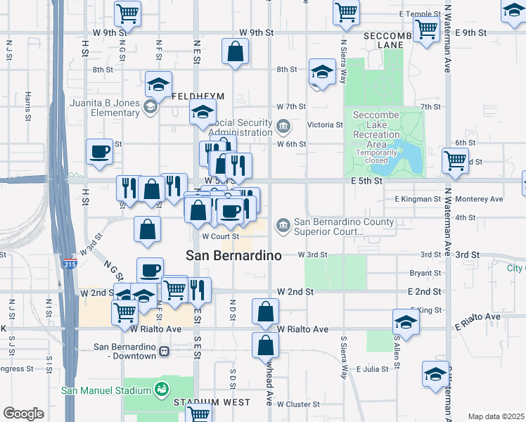 map of restaurants, bars, coffee shops, grocery stores, and more near 310 West 4th Street in San Bernardino