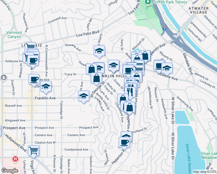 map of restaurants, bars, coffee shops, grocery stores, and more near 3842 Aloha Street in Los Angeles