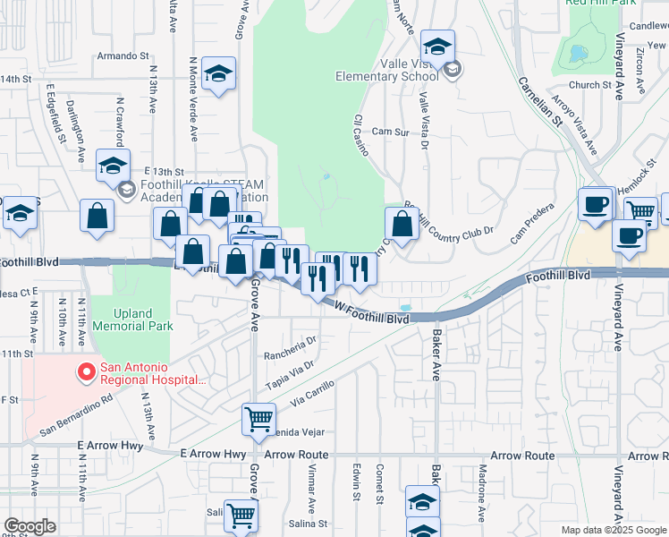 map of restaurants, bars, coffee shops, grocery stores, and more near 8269 Red Hill Country Club Drive in Rancho Cucamonga
