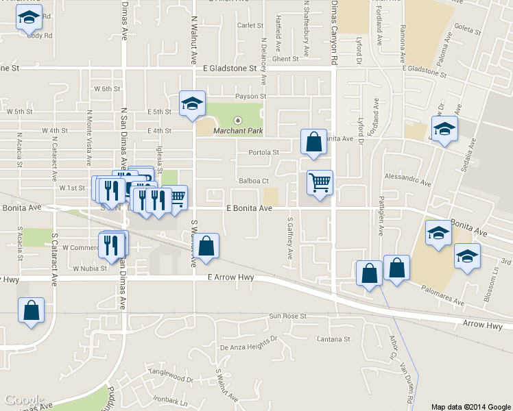 map of restaurants, bars, coffee shops, grocery stores, and more near 455 East Bonita Avenue in San Dimas
