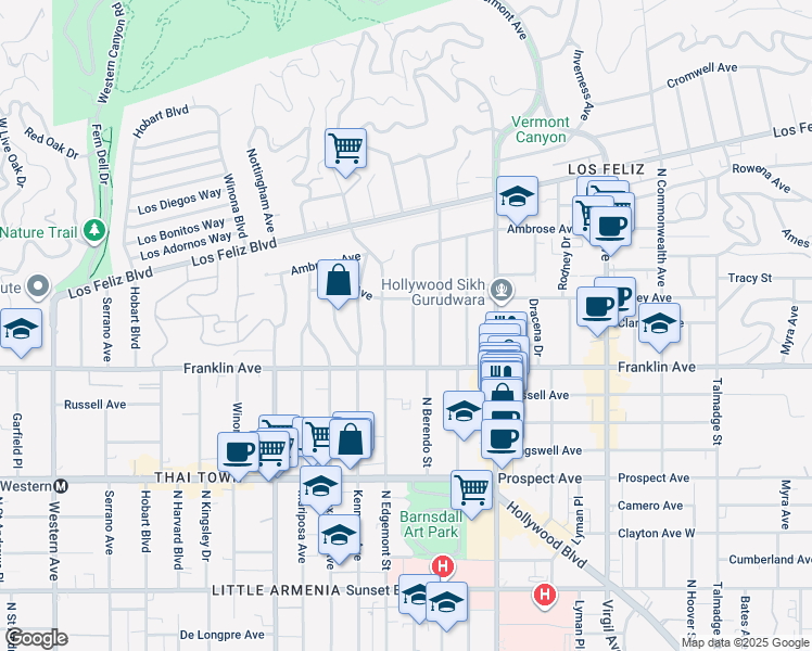 map of restaurants, bars, coffee shops, grocery stores, and more near 1960 North Edgemont Street in Los Angeles