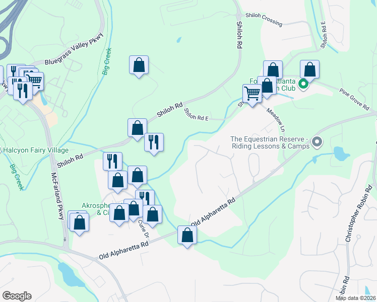 map of restaurants, bars, coffee shops, grocery stores, and more near 1365 Windhaven Drive in Alpharetta