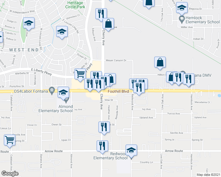 map of restaurants, bars, coffee shops, grocery stores, and more near 14546 Foothill Boulevard in Fontana