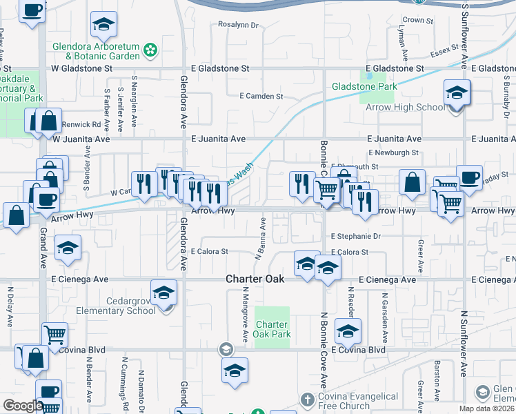 map of restaurants, bars, coffee shops, grocery stores, and more near 287 East Arrow Highway in Glendora