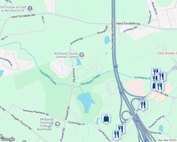 map of restaurants, bars, coffee shops, grocery stores, and more near 350 Powell Road in Columbia