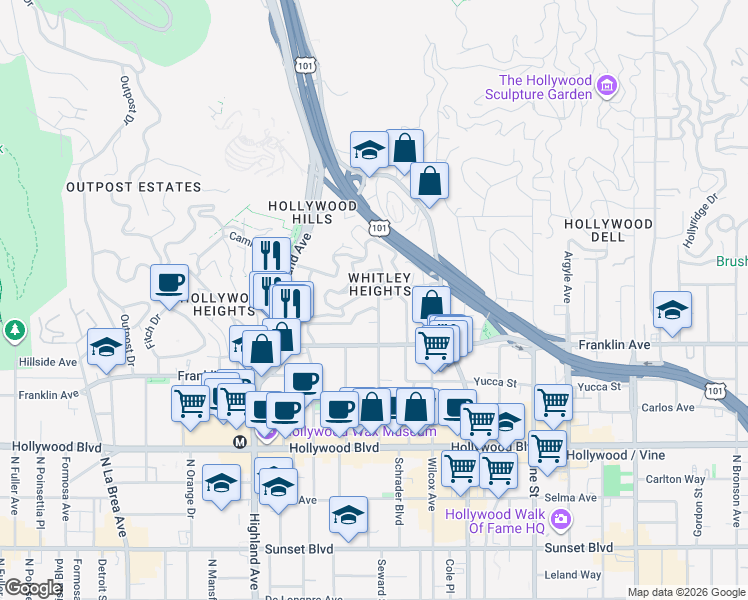 map of restaurants, bars, coffee shops, grocery stores, and more near 1959 Whitley Avenue in Los Angeles
