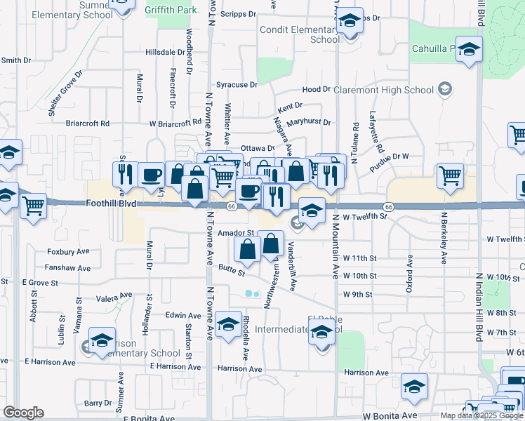 map of restaurants, bars, coffee shops, grocery stores, and more near 970 West Foothill Boulevard in Claremont
