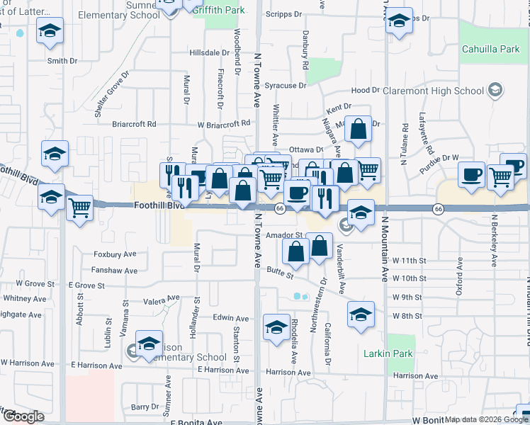 map of restaurants, bars, coffee shops, grocery stores, and more near 1086 Foothill Boulevard in Claremont
