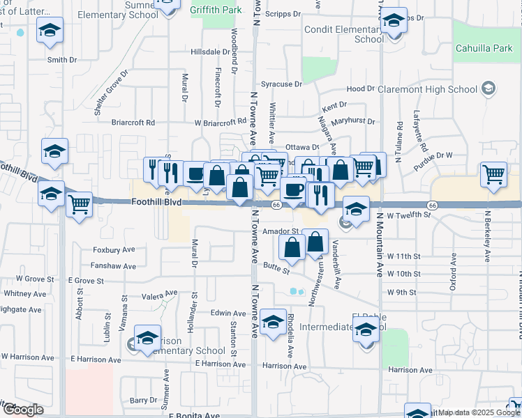 map of restaurants, bars, coffee shops, grocery stores, and more near 1090 Foothill Boulevard in Claremont