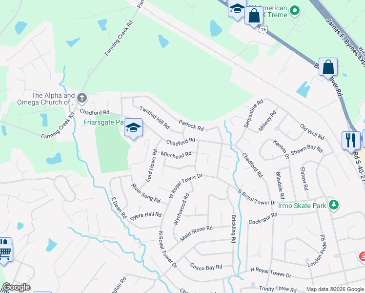 map of restaurants, bars, coffee shops, grocery stores, and more near 1306 Chadford Road in Irmo