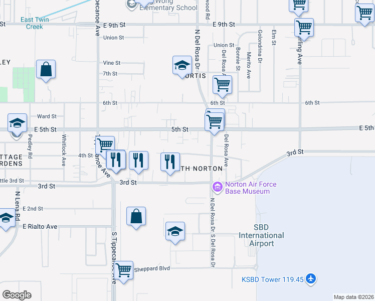 map of restaurants, bars, coffee shops, grocery stores, and more near 25276 4th Street in San Bernardino
