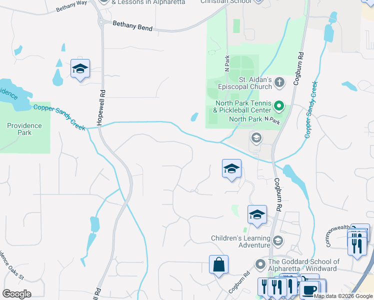 map of restaurants, bars, coffee shops, grocery stores, and more near 2420 Hopewell Plantation Drive in Alpharetta