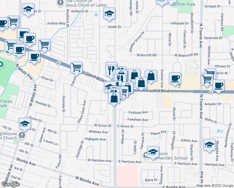 map of restaurants, bars, coffee shops, grocery stores, and more near in Pomona