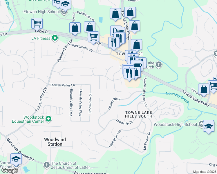 map of restaurants, bars, coffee shops, grocery stores, and more near 705 Rising Way in Woodstock
