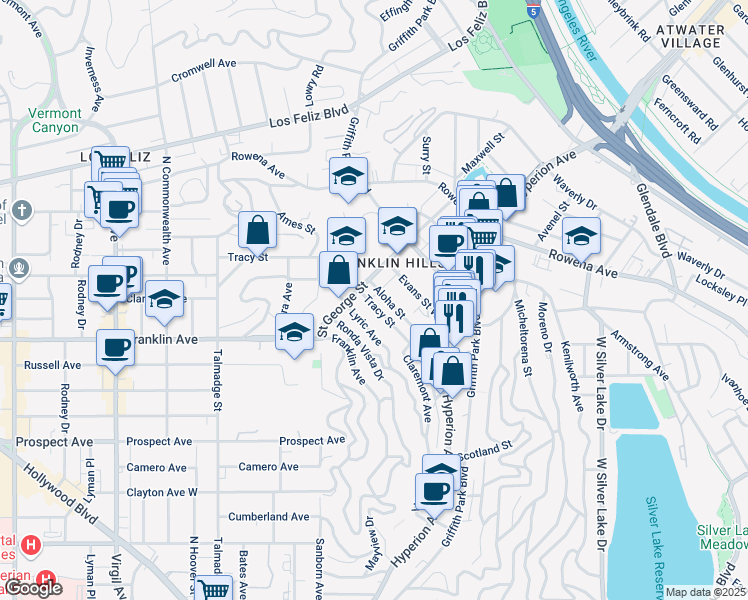 map of restaurants, bars, coffee shops, grocery stores, and more near 3845 Tracy Street in Los Angeles