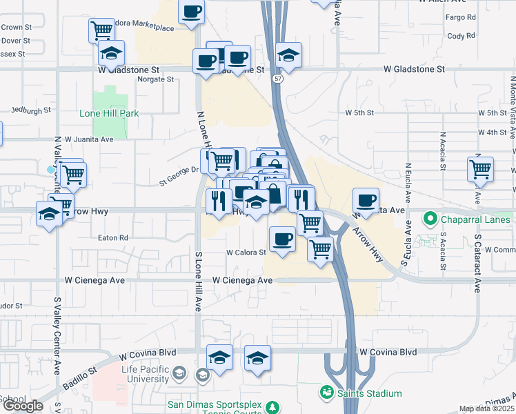 map of restaurants, bars, coffee shops, grocery stores, and more near 877 Arrow Highway in San Dimas