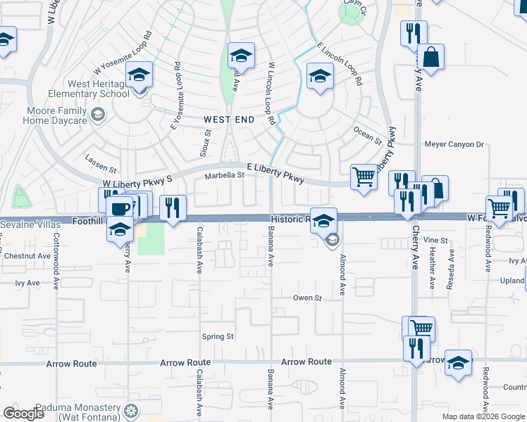 map of restaurants, bars, coffee shops, grocery stores, and more near 14083 Capri Court in Fontana
