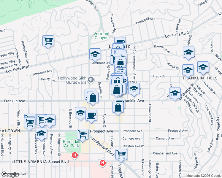 map of restaurants, bars, coffee shops, grocery stores, and more near 1950 Rodney Drive in Los Angeles