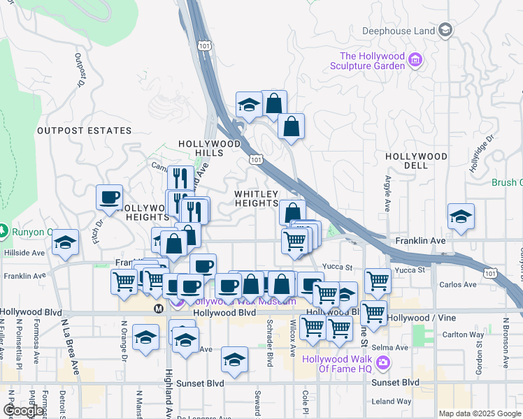 map of restaurants, bars, coffee shops, grocery stores, and more near 1965 Whitley Avenue in Los Angeles
