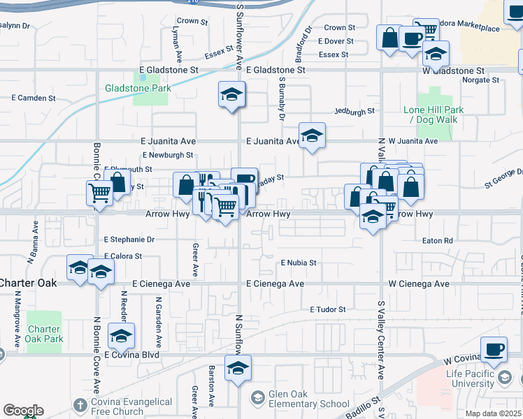 map of restaurants, bars, coffee shops, grocery stores, and more near 929 East Arrow Highway in Glendora