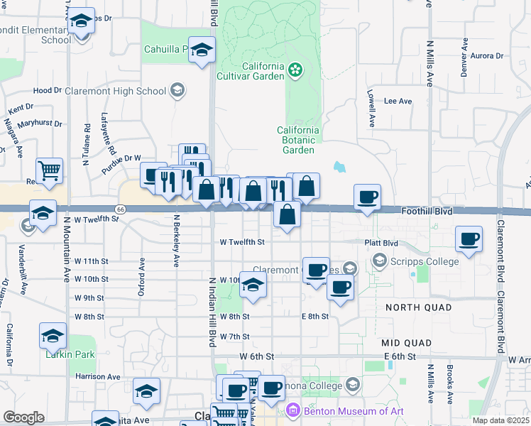 map of restaurants, bars, coffee shops, grocery stores, and more near 226 East Foothill Boulevard in Claremont