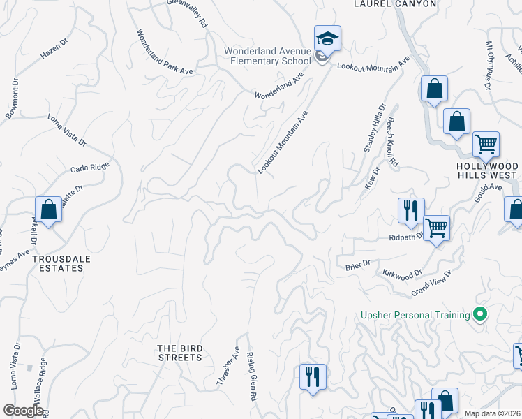 map of restaurants, bars, coffee shops, grocery stores, and more near 8875 Appian Way in Los Angeles