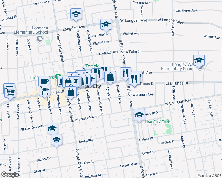 map of restaurants, bars, coffee shops, grocery stores, and more near 5838 Agnes Avenue in Temple City