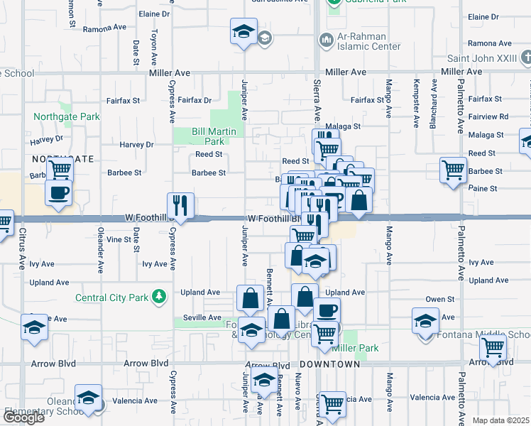 map of restaurants, bars, coffee shops, grocery stores, and more near 16756 Foothill Boulevard in Fontana