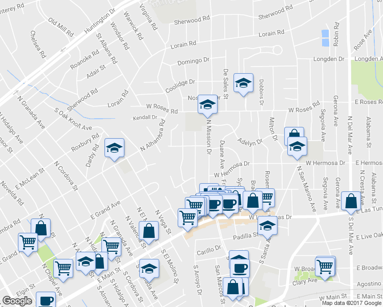 map of restaurants, bars, coffee shops, grocery stores, and more near 321 Bridge Street in San Gabriel