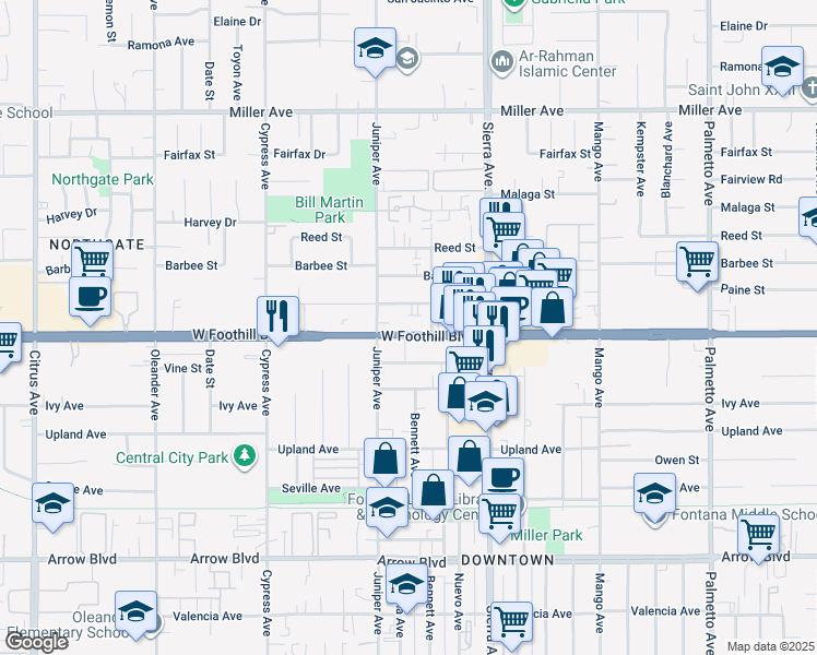 map of restaurants, bars, coffee shops, grocery stores, and more near 16756 Foothill Boulevard in Fontana