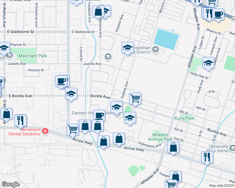 map of restaurants, bars, coffee shops, grocery stores, and more near 2500 Damien Avenue in La Verne