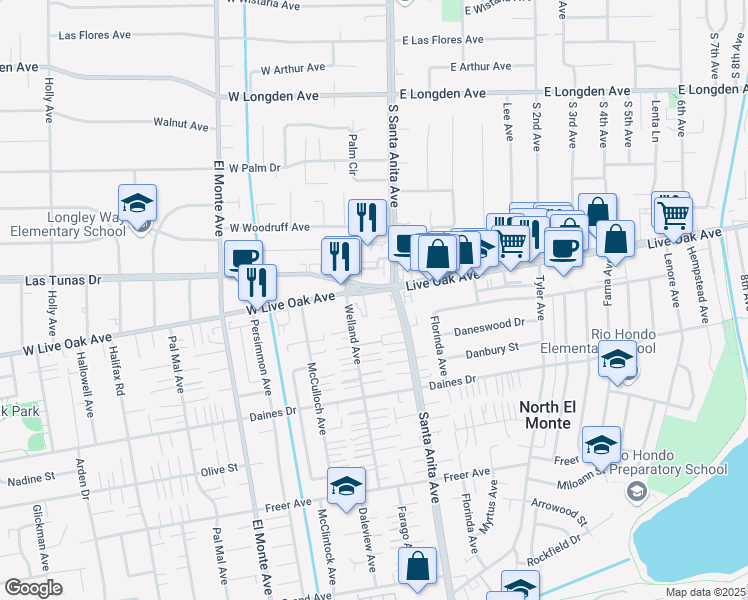 map of restaurants, bars, coffee shops, grocery stores, and more near 22 West Live Oak Avenue in Arcadia