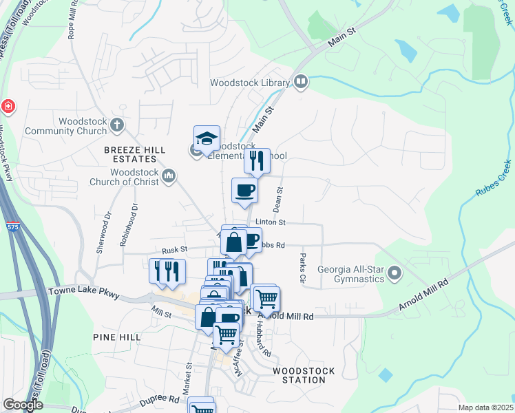 map of restaurants, bars, coffee shops, grocery stores, and more near 8165 Main Street in Woodstock