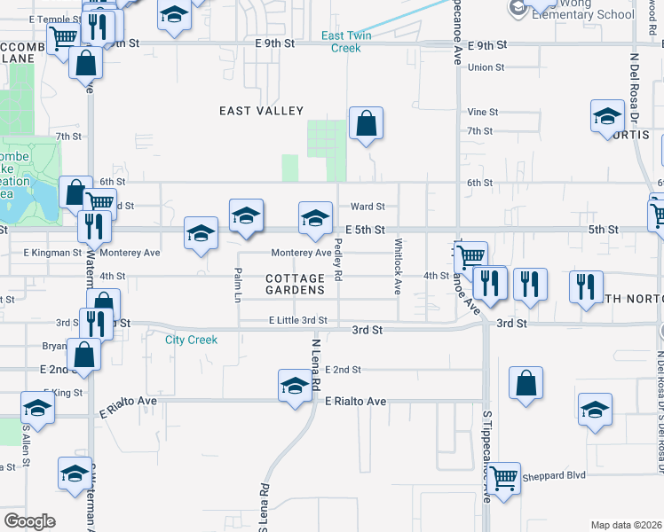 map of restaurants, bars, coffee shops, grocery stores, and more near 24696 4th Street in San Bernardino