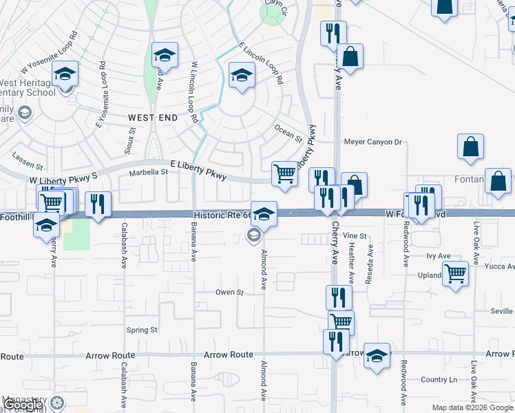 map of restaurants, bars, coffee shops, grocery stores, and more near 14223 Casablanca Court in Fontana