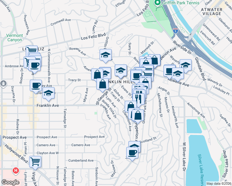 map of restaurants, bars, coffee shops, grocery stores, and more near 3842 Aloha Street in Los Angeles