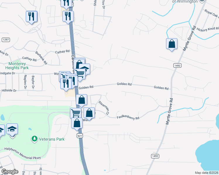map of restaurants, bars, coffee shops, grocery stores, and more near 351 Golden Rd in Wilmington