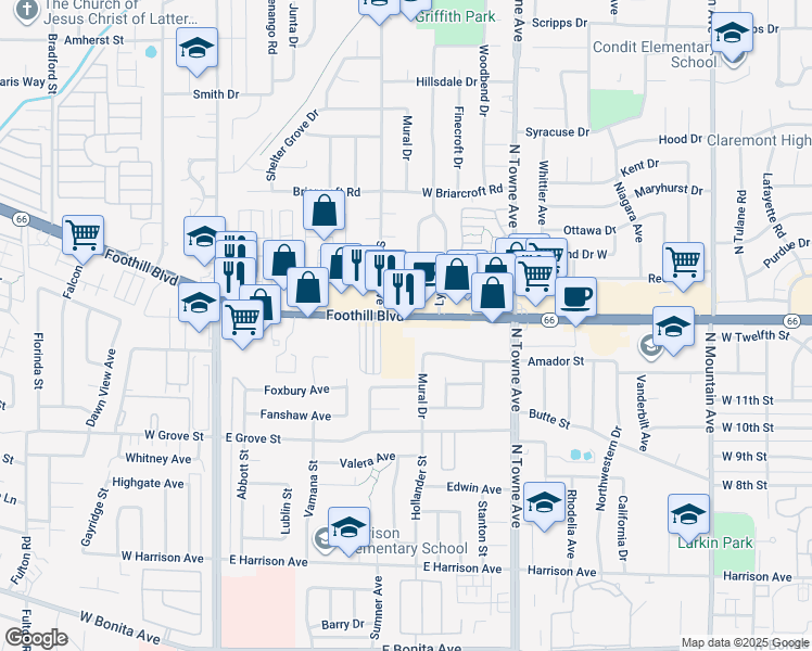 map of restaurants, bars, coffee shops, grocery stores, and more near 504 East Foothill Boulevard in Pomona